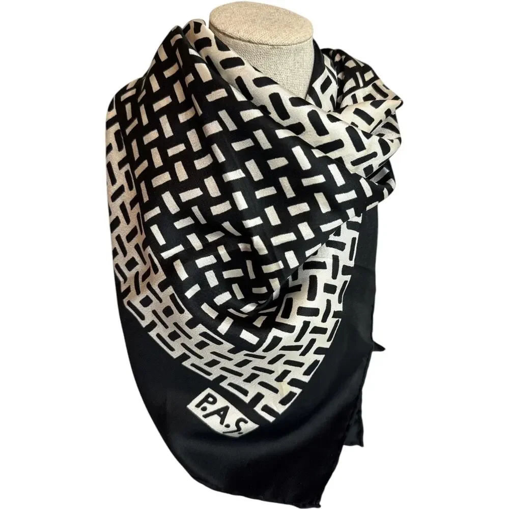 P.A.S. Silk Scarf 30” Square Black Ivory Geometric Print Satin Neck Scarf